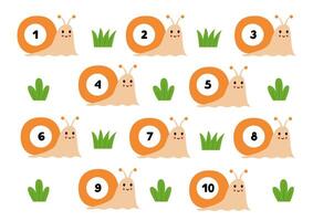 Count numbers. Counting game. Cute snails. vector