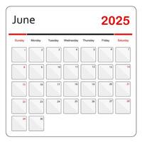June 2025 Calendar. monthly calendar template vector