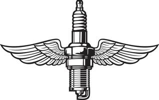 Spark Plug with Wings Black and White. Illustration. vector