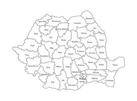 isolated illustration of simplified administrative map of Romania. Borders and names of the counties. Black line silhouettes. vector