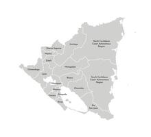 isolated illustration of simplified administrative map of Nicaragua. Borders and names of the departments, regions. Grey silhouettes. White outline vector