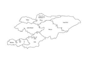 isolated illustration of simplified administrative map of Kyrgyzstan. Borders and names of the regions. Black line silhouettes. vector