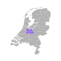 isolated simplified illustration icon with grey silhouette of Netherlands provinces. Selected administrative division Utrecht. White outline and background vector