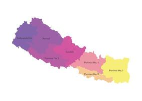 isolated illustration of simplified administrative map of Nepal. Borders and names of the provinces. Multi colored silhouettes. vector
