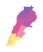 isolated illustration of simplified administrative map of Lebanon. Borders of the governorates, regions. Multi colored silhouettes. vector