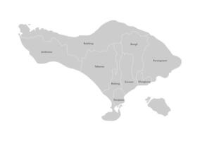 isolated illustration of simplified administrative map of Bali, Indonesian island. Borders and names of the Regencies, regions. Grey silhouettes. White outline vector