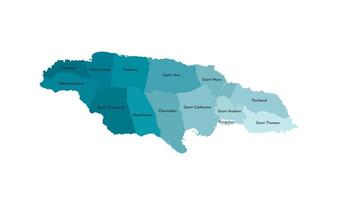 isolated illustration of simplified administrative map of Jamaica. Borders and names of the parishes, regions. Colorful blue khaki silhouettes vector