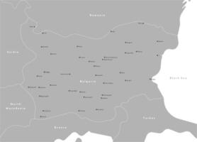 modern illustration. Simplified administrative map of Bulgaria in grey colors. Borders with nearest states Sebia, Greece and etc. White background of Black sea. Names of cities vector