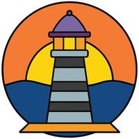 A lighthouse in a circle with a sunset in the background vector