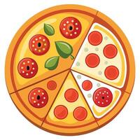 A pizza with pepperoni and tomatoes on a white background vector