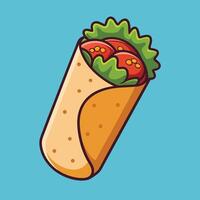 A burrito with tomatoes and lettuce on a blue background vector