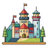 An illustration of a castle with a tower and flags vector