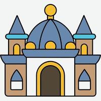 A castle icon with a blue roof and two towers vector