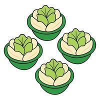 Four green bowls with lettuce in them vector