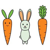 Three carrots and a rabbit are shown in a cartoon style vector