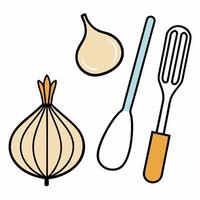 An onion, spoon and spatula are shown in this illustration vector