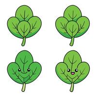 Cartoon spinach leaves with faces and eyes vector