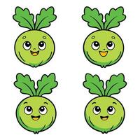 Four cartoon turnips with eyes and green leaves vector