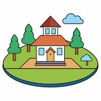House with trees and clouds on a hill illustration vector