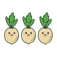 Three cartoon turnips with green leaves vector