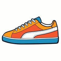 An orange and blue sneaker with a white sole vector
