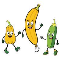Three cartoon banana characters are running and jumping vector