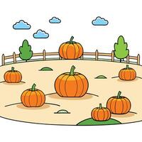 Pumpkins in a field with a fence and trees vector