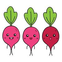 Three radishes with faces and green leaves vector