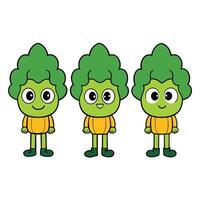 Three cartoon broccoli characters with different expressions vector