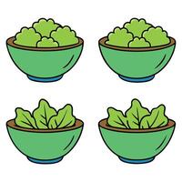 A set of four bowls with green vegetables in them vector