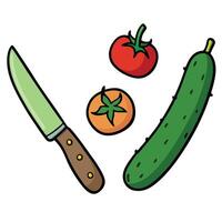 A knife and cucumber with tomatoes on a white background vector