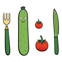 A cucumber, knife and tomato are shown in a cartoon style vector