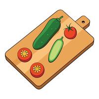 A cutting board with cucumbers, tomatoes and peppers vector