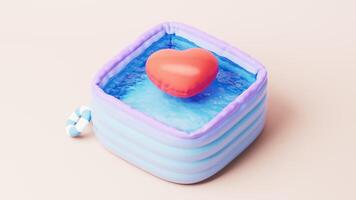 Loop animation of cartoon style swimming pool and love heart, 3d rendering. video