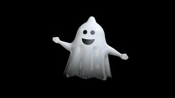 Little white cartoon ghost with happy face floating from bottom to top against transparent background video