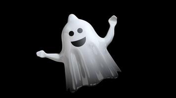 Little white cartoon ghost with happy face waving while flying from right to left against transparent background video