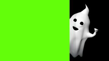 Happy little white ghost floating out from behind a green wall against transparent background. 3D Animation video