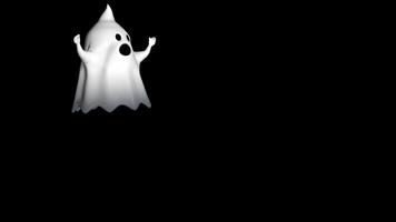 Little white ghost screaming while floating from left to right against transparent background. 3D Animation video