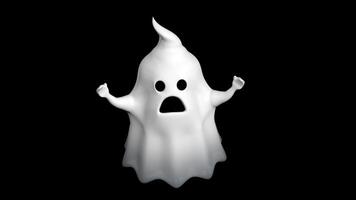 pequeno branco desenho animado fantasma flutuando dentro espaço, acenando dele mãos enquanto gritando com dele boca contra transparente fundo. 3d animação video