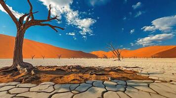 A single, dead tree stands in the foreground of a vast, cracked desert landscape, with red sand dunes rising in the distance. video