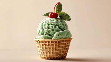 A single scoop of green ice cream with a cherry on top sits in a waffle cone. video