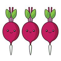 Three beets with green leaves and smiling faces vector