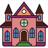A pink house with a tower and windows vector