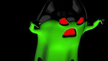 Friendly little white cartoon ghost transforms into scary red mouth and eyes ghost with green light against transparent background. Loop sequence. 3D Animation video