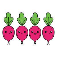 A group of three radishes with faces and green leaves vector