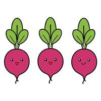 Three radishes with faces and green leaves vector