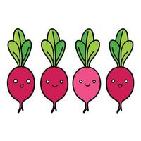 A group of radishes with faces and green leaves vector