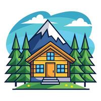 A cartoon house with trees and mountains in the background vector