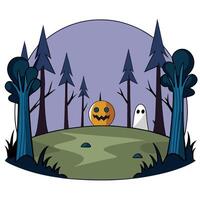 Halloween pumpkin and ghost in the forest vector