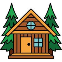 A cabin in the woods with trees and a door vector